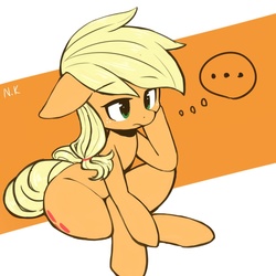 Size: 1024x1024 | Tagged: safe, artist:niwano_kei, applejack, earth pony, pony, g4, ..., female, hatless, mare, missing accessory, solo, thinking