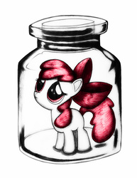 Size: 1080x1402 | Tagged: safe, artist:jonathan-c-eastwood, apple bloom, g4, adorabloom, bottle, colored, cute, female, frown, jar, jar of pony, limited palette, looking up, pony in a bottle, sad, solo, traditional art, trapped