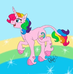 Size: 750x768 | Tagged: safe, artist:sweetheart-arts, rarity (g3), classical unicorn, pink fluffy unicorns dancing on rainbows, g3, g4, cloven hooves, female, g3 to g4, generation leap, horn, leonine tail, princess rarity, rainbow, solo