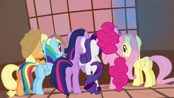 Size: 1280x720 | Tagged: safe, screencap, applejack, fluttershy, pinkie pie, rainbow dash, rarity, twilight sparkle, alicorn, pony, g4, slice of life (episode), ending, female, mane six, mare, twilight sparkle (alicorn)