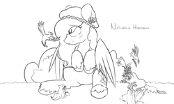 Size: 2000x1194 | Tagged: safe, artist:woonasart, fluttershy, oc, g4, flower, grayscale, hippie, monochrome, nature, sketch, solo