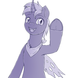 Size: 1000x1100 | Tagged: safe, artist:evomanaphy, oc, oc only, oc:nightfall, changeling, fangs, monochrome, raised hoof, sketch, smiling, solo