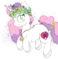 Size: 1602x1644 | Tagged: artist needed, source needed, safe, sweetie belle, pony, unicorn, g4, cloven hooves, female, floral head wreath, flower, hippie, jewelry, looking at you, necklace, paint splatter, simple background, solo, white background