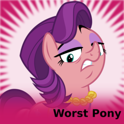 Size: 1024x1024 | Tagged: safe, artist:cheezedoodle96, spoiled rich, earth pony, pony, derpibooru, g4, female, frown, glare, gritted teeth, looking at you, mare, meta, official spoiler image, pun in description, solo, spoilered image joke, vector, worst pony