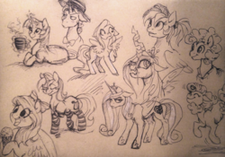 Size: 1264x886 | Tagged: safe, artist:buttersprinkle, cheese sandwich, flim, flitter, fluttershy, lyra heartstrings, pinkie pie, princess cadance, queen chrysalis, rainbow dash, twilight sparkle, g4, clothes, drink, food, ice cream, mug, pen drawing, ponytail, sketch, sketch dump, socks, striped socks, traditional art, younger
