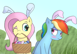 Size: 1754x1240 | Tagged: safe, artist:wonkysole, fluttershy, rainbow dash, g4, basket, blushing, bunny ears, cute, dashabetes, duo, easter, easter egg, embarrassed, mouth hold, one eye closed, shyabetes