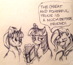 Size: 988x882 | Tagged: safe, artist:buttersprinkle, starlight glimmer, trixie, twilight sparkle, pony, unicorn, g4, book, dialogue, female, glowing horn, hilarious in hindsight, horn, magic, mare, monochrome, pen drawing, telekinesis, text, traditional art, unamused