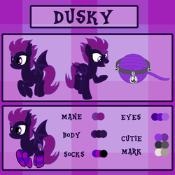 Size: 2000x2000 | Tagged: safe, artist:partypievt, oc, oc only, oc:dusky, bat pony, pony, clothes, cutie mark, female, high res, reference sheet, socks, solo, stockings