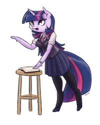 Size: 1000x1250 | Tagged: safe, artist:king-kakapo, twilight sparkle, anthro, unguligrade anthro, g4, arm hooves, book, clothes, female, high heels, mary janes, multiple variants, necktie, pantyhose, plaid, pleated skirt, shoes, skirt, solo, stool, vest, watch