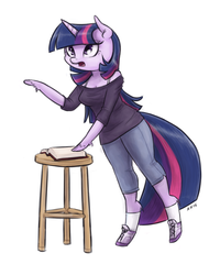 Size: 1000x1250 | Tagged: safe, artist:king-kakapo, twilight sparkle, anthro, unguligrade anthro, g4, arm hooves, book, bra strap, clothes, female, multiple variants, sneakers, socks, solo, stool