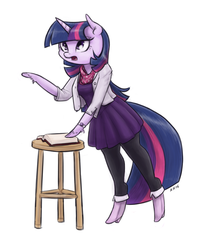 Size: 1000x1250 | Tagged: safe, artist:king-kakapo, twilight sparkle, anthro, unguligrade anthro, g4, arm hooves, book, boots, clothes, dress, female, jacket, multiple variants, pantyhose, scarf, solo, stool, watch