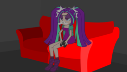 Size: 1920x1080 | Tagged: safe, artist:soniclegacy1, aria blaze, equestria girls, g4, angry, couch, female, human coloration, playing, simple background, snorting, solo