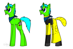 Size: 3840x2560 | Tagged: safe, artist:derpanater, oc, oc only, oc:live "derp" bait, pony, unicorn, fallout equestria, blue eyes, clothes, cute, cutie mark, digital art, green coat, happy, high res, radiation suit, scarf, smiling