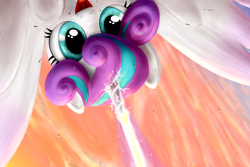 Size: 1600x1067 | Tagged: safe, artist:everypone, princess flurry heart, g4, the crystalling, blast, close-up, female, glowing horn, horn, low angle, magic, magic beam, magic blast, solo, spread wings, upside down