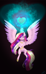 Size: 1024x1654 | Tagged: safe, artist:doodle-28, princess cadance, g4, crystal heart, female, glowing horn, horn, magic, simple background, solo, spread wings