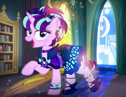 Size: 900x695 | Tagged: safe, artist:pixelkitties, starlight glimmer, pony, unicorn, g4, clothes, cute, dress, fabulous, female, glam, open mouth, raised hoof, solo
