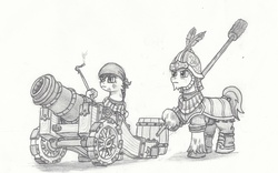 Size: 2555x1595 | Tagged: safe, artist:sensko, earth pony, pony, armor, artillery, cannon, duo, grayscale, monochrome, pencil drawing, simple background, traditional art, twilight's royal guard, white background