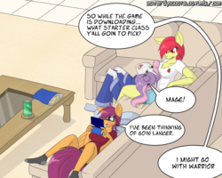 Size: 2500x2000 | Tagged: safe, artist:silverfox057, apple bloom, scootaloo, sweetie belle, earth pony, pegasus, unicorn, anthro, plantigrade anthro, ask nerdy scootaloo, g4, alternate hairstyle, ask, breasts, busty apple bloom, busty scootaloo, chips, cleavage, clothes, couch, cutie mark crusaders, feet, female, food, gamerloo, glasses, high res, nerdaloo, older, pillow, scootanerd, shirt, shorts, socks, soda can, t-shirt, table, tumblr