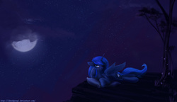 Size: 2298x1327 | Tagged: safe, artist:1deathpony1, princess luna, g4, female, floppy ears, moon, night, pillow, prone, solo, spread wings, stars, tree