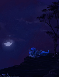Size: 2298x3000 | Tagged: safe, artist:1deathpony1, princess luna, g4, female, floppy ears, high res, moon, night, pillow, prone, solo, spread wings, stars, tree
