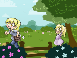 Size: 1600x1200 | Tagged: safe, artist:cloverminto, derpy hooves, dinky hooves, human, g4, bag, bush, clothes, cute, derpabetes, dinkabetes, dress, equestria's best daughter, fence, flower, going to work, humanized, letter, mail, mailbag, mailmare, tree, weapons-grade cute