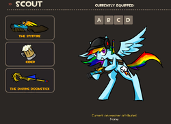 Size: 963x699 | Tagged: safe, artist:vyperion, rainbow dash, g4, alcohol, cider, crossover, equipment, female, food, force-of-nature, gun, loadout, parody, rainbow scout, scattergun, scout (tf2), solo, staff, team fortress 2, weapon
