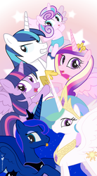 Size: 780x1410 | Tagged: safe, artist:dm29, princess cadance, princess celestia, princess flurry heart, princess luna, shining armor, twilight sparkle, alicorn, pony, unicorn, g4, the crystalling, alicorn pentarchy, female, mare, royal family, shining armor gets all the mares, tongue out, twilight sparkle (alicorn)