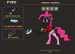 Size: 963x699 | Tagged: safe, artist:vyperion, pinkie pie, g4, crossover, equipment, female, flamethrower, hacksaw, loadout, parody, party cannon, pinkie pyro, pyro (tf2), solo, team fortress 2, weapon