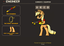 Size: 963x699 | Tagged: safe, artist:vyperion, applejack, g4, crossover, engiejack, engineer, engineer (tf2), equipment, female, gun, lasso, loadout, parody, shotgun, solo, team fortress 2, weapon
