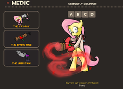 Size: 963x699 | Tagged: safe, artist:vyperion, fluttershy, g4, crossover, equipment, female, fluttermedic, loadout, medic, medic (tf2), medigun, parody, saw, solo, team fortress 2, weapon