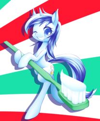 Size: 850x1020 | Tagged: safe, artist:hashioaryut, minuette, pony, unicorn, g4, bipedal, female, grin, pixiv, solo, toothbrush, toothpaste, wink
