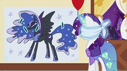 Size: 1100x618 | Tagged: safe, screencap, nightmare moon, rarity, g4, scare master, blindfold, clothes, costume, dress, mermarity, nightmare night, nightmare night costume, pin the tail on the pony, rarity's mermaid dress
