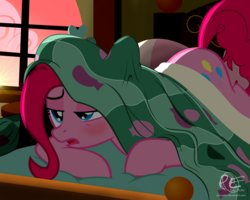 Size: 2000x1600 | Tagged: safe, artist:ponyecho, part of a set, pinkie pie, pony, g4, bed, bed mane, bedroom, blushing, cute, diapinkes, female, frown, mare, messy mane, morning, morning ponies, open mouth, ponyecho is trying to murder us, prone, show accurate, sleepy, solo, sunrise