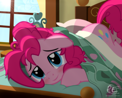 Size: 2000x1600 | Tagged: safe, artist:ponyecho, part of a set, pinkie pie, earth pony, pony, g4, bed, bed hair, bedroom, bedroom eyes, blushing, cute, diapinkes, female, floppy ears, looking at you, mare, messy mane, morning ponies, ponyecho is trying to murder us, show accurate, smiling, solo