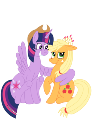 Size: 1936x2592 | Tagged: safe, artist:squipycheetah, applejack, twilight sparkle, alicorn, pony, g4, accessory swap, applejack's hat, crown, cute, female, happy, hat, hug, lesbian, looking down, looking up, mare, ship:twijack, shipping, simple background, sitting, smiling, spread wings, transparent background, twiabetes, twilight sparkle (alicorn), vector, winghug