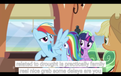 Size: 1920x1200 | Tagged: safe, screencap, applejack, rainbow dash, twilight sparkle, alicorn, pony, g4, the crystalling, female, mare, meme, twilight sparkle (alicorn), youtube caption