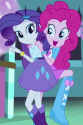 Size: 408x618 | Tagged: safe, screencap, pinkie pie, rarity, equestria girls, g4, my little pony equestria girls: rainbow rocks, perfect day for fun, boots, bracelet, clothes, context is for the weak, cropped, high heel boots, jewelry, pinkie being pinkie, skirt