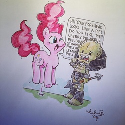 Size: 1080x1080 | Tagged: safe, artist:katie cook, pinkie pie, earth pony, pony, yautja, g4, colored pencil drawing, crossover, duo, female, mare, predator (franchise), pronking, speech bubble, traditional art
