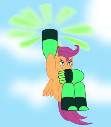 Size: 737x850 | Tagged: safe, artist:combatkaiser, scootaloo, pegasus, pony, g4, crossover, female, filly, foal, limb enhancers, pericopter, peridot (steven universe), scootaloo can fly, solo, steven universe