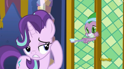 Size: 1525x853 | Tagged: safe, screencap, spike, starlight glimmer, g4, the crystalling, discovery family logo, toothbrush, toothpaste, twilight's castle