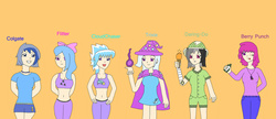 Size: 1359x588 | Tagged: safe, artist:kaeru456, berry punch, berryshine, cloudchaser, daring do, flitter, minuette, trixie, human, g4, belly button, clothes, female, humanized, midriff, orange background, simple background, sports bra