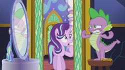 Size: 1479x830 | Tagged: safe, screencap, spike, starlight glimmer, g4, the crystalling, discovery family logo, flexing, mirror, pose
