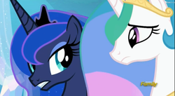 Size: 1561x857 | Tagged: safe, screencap, princess celestia, princess luna, g4, the crystalling, discovery family logo