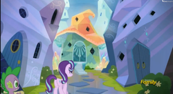 Size: 1673x913 | Tagged: safe, screencap, spike, starlight glimmer, dragon, pony, unicorn, g4, the crystalling, crystal empire, discovery family logo, female, mare