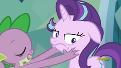 Size: 1659x936 | Tagged: safe, screencap, spike, starlight glimmer, g4, the crystalling, discovery family logo, faic