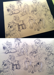 Size: 918x1288 | Tagged: safe, artist:buttersprinkle, cheese sandwich, flim, flitter, fluttershy, lyra heartstrings, pinkie pie, princess cadance, queen chrysalis, rainbow dash, twilight sparkle, g4, clothes, drink, food, ice cream, mug, pen drawing, ponytail, sketch, sketch dump, socks, striped socks, traditional art, younger