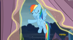 Size: 1681x921 | Tagged: safe, screencap, rainbow dash, g4, the crystalling, discovery family logo, female, flying, magic, solo