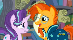 Size: 1657x921 | Tagged: safe, screencap, starlight glimmer, sunburst, pony, unicorn, g4, the crystalling, blaze (coat marking), cloak, clothes, coat markings, discovery family logo, eye contact, facial markings, female, frown, glasses, gritted teeth, male, mare, nervous, nose wrinkle, open mouth, smiling, socks (coat markings), stallion, sunburst's cloak, sunburst's glasses, sweat, wide eyes