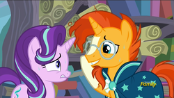 Size: 1920x1080 | Tagged: safe, screencap, starlight glimmer, sunburst, pony, unicorn, g4, the crystalling, blaze (coat marking), cloak, clothes, coat markings, discovery family logo, eye contact, facial markings, female, frown, glasses, grin, gritted teeth, male, mare, nervous, nose wrinkle, smiling, socks (coat markings), stallion, sunburst's cloak, sunburst's glasses, sweat, wide eyes
