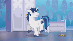 Size: 400x225 | Tagged: safe, screencap, shining armor, pony, unicorn, g4, the crystalling, animated, cracked armor, discovery family logo, it runs in the family, male, messy mane, sleep deprivation, stallion, trotting, trotting in place, twilighting